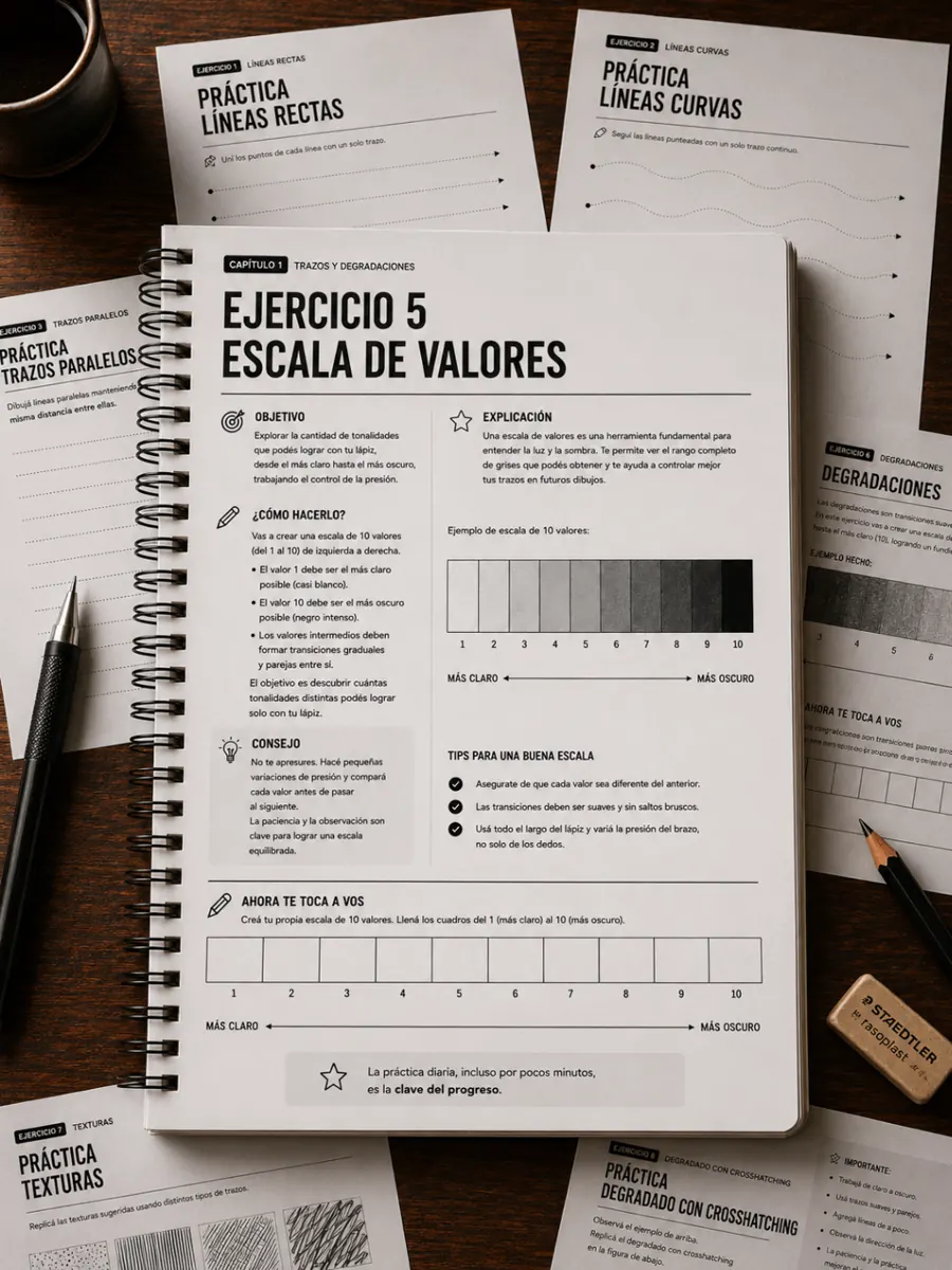 Muestra impresa de escala de valores con hojas alrededor