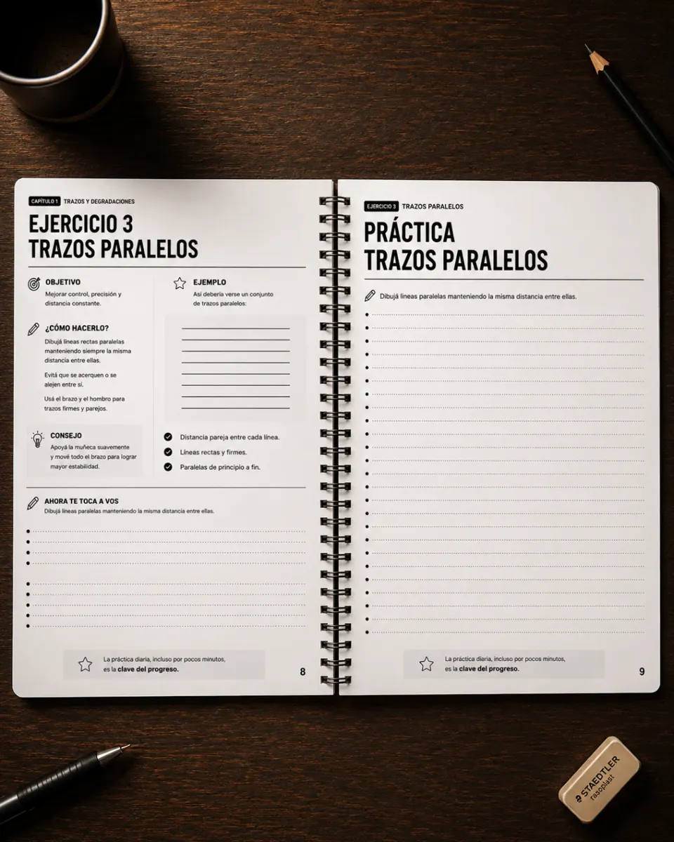 Libro abierto con práctica de trazos paralelos
