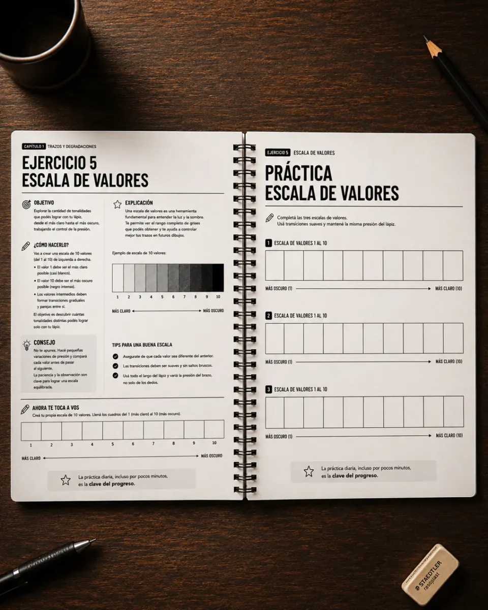 Libro abierto con práctica de escala de valores