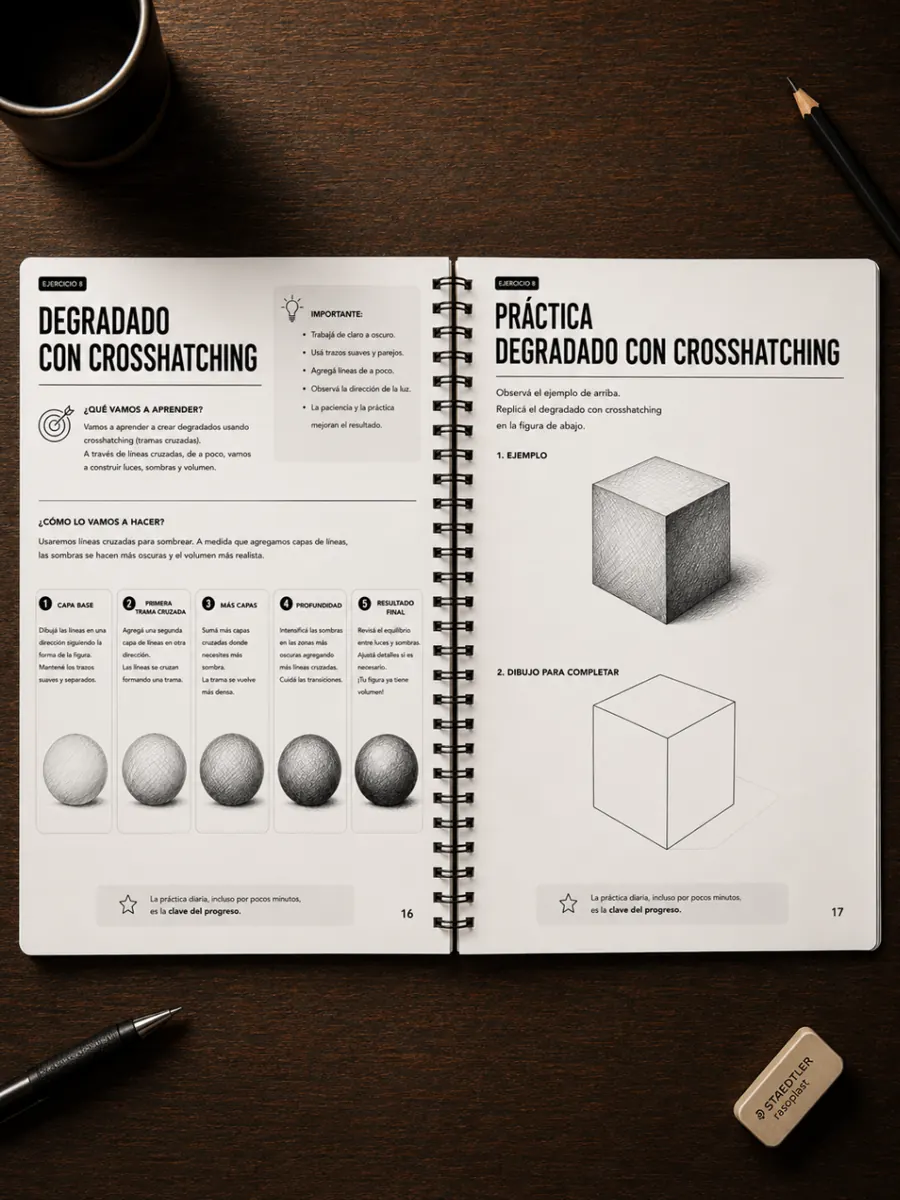 Libro abierto con práctica de degradado con crosshatching